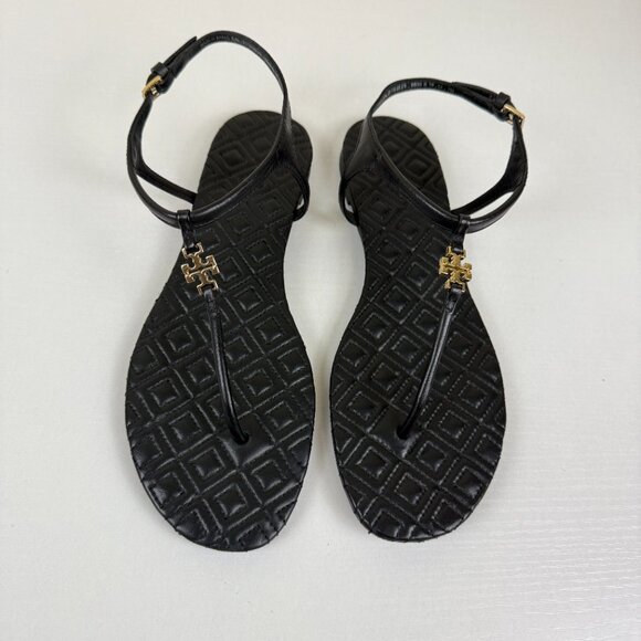 Tory Burch Black Flat Sandals Gold Hardware - Picture 2 of 9